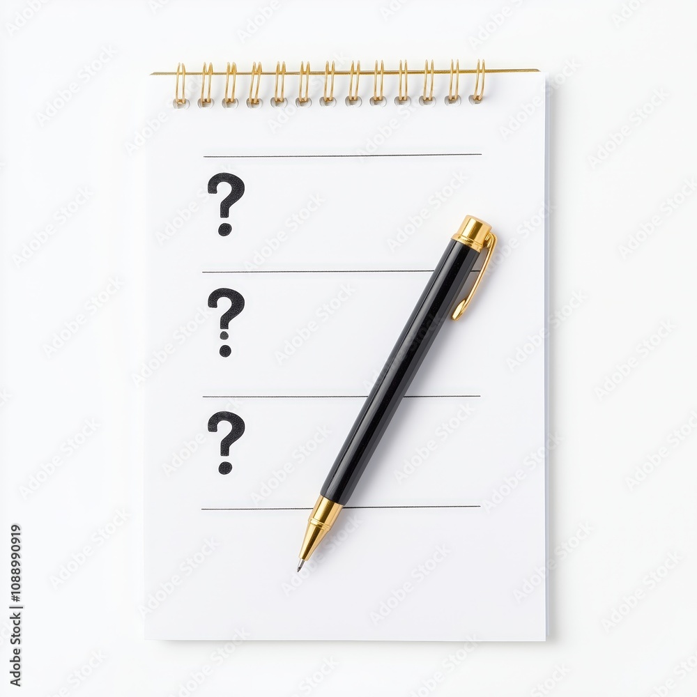 A blank notebook page with three question marks and a gold pen, symbolizing inquiry, creativity, and brainstorming. A blank notebook page with three question marks and a gold pen, symbolizing inquiry, creativity, and brainstorming.