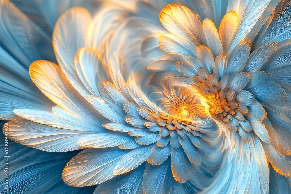 Obraz premium Abstract Blue and Gold Flower: Close-up Macro Photography of Intricate Petals, Nature-Inspired Botanical Art, Floral Design, Wallpaper, and Background Image