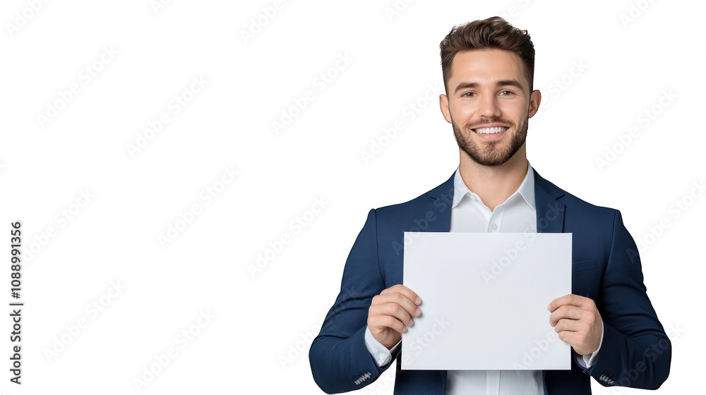 A smiling man in a suit holding a blank sign for messaging. Transparent background. A smiling man in a suit holding a blank sign for messaging. Transparent background.