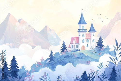 Watercolor  illustration lullaby theme, A whimsical castle sits atop a mountain, surrounded by lush trees and soft clouds, creating a serene and enchanting landscape.