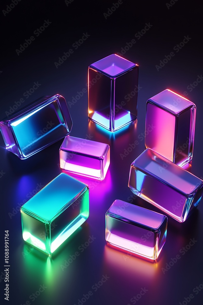 Colorful Geometric Glass Blocks with Gradient Illumination Arranged on a Dark Surface, Showcasing Vibrant Reflections and a Modern Aesthetic Colorful Geometric Glass Blocks with Gradient Illumination Arranged on a Dark Surface, Showcasing Vibrant Reflections and a Modern Aesthetic