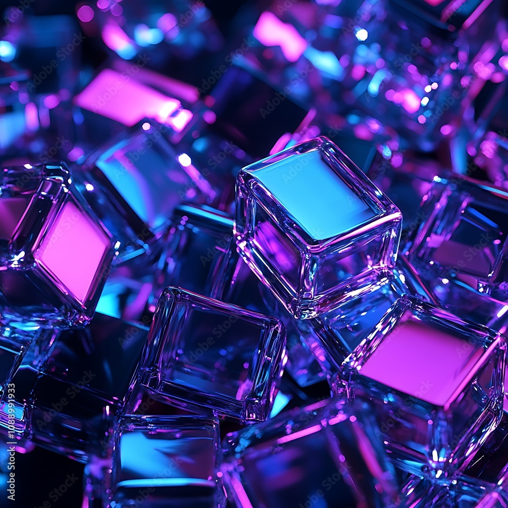 Colorful Glass Cubes in Vibrant Blue and Purple Light, Showcasing Reflections and Transparency for an Artistic and Modern Aesthetic
