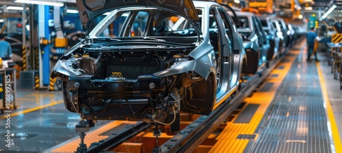 Modern vehicle assembly line at a bustling factory for optimized production