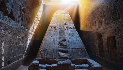 interior of old pyramid or pharaoh s tomb with sarcophagus on stone inside shot with sun rays ancient tomb photo