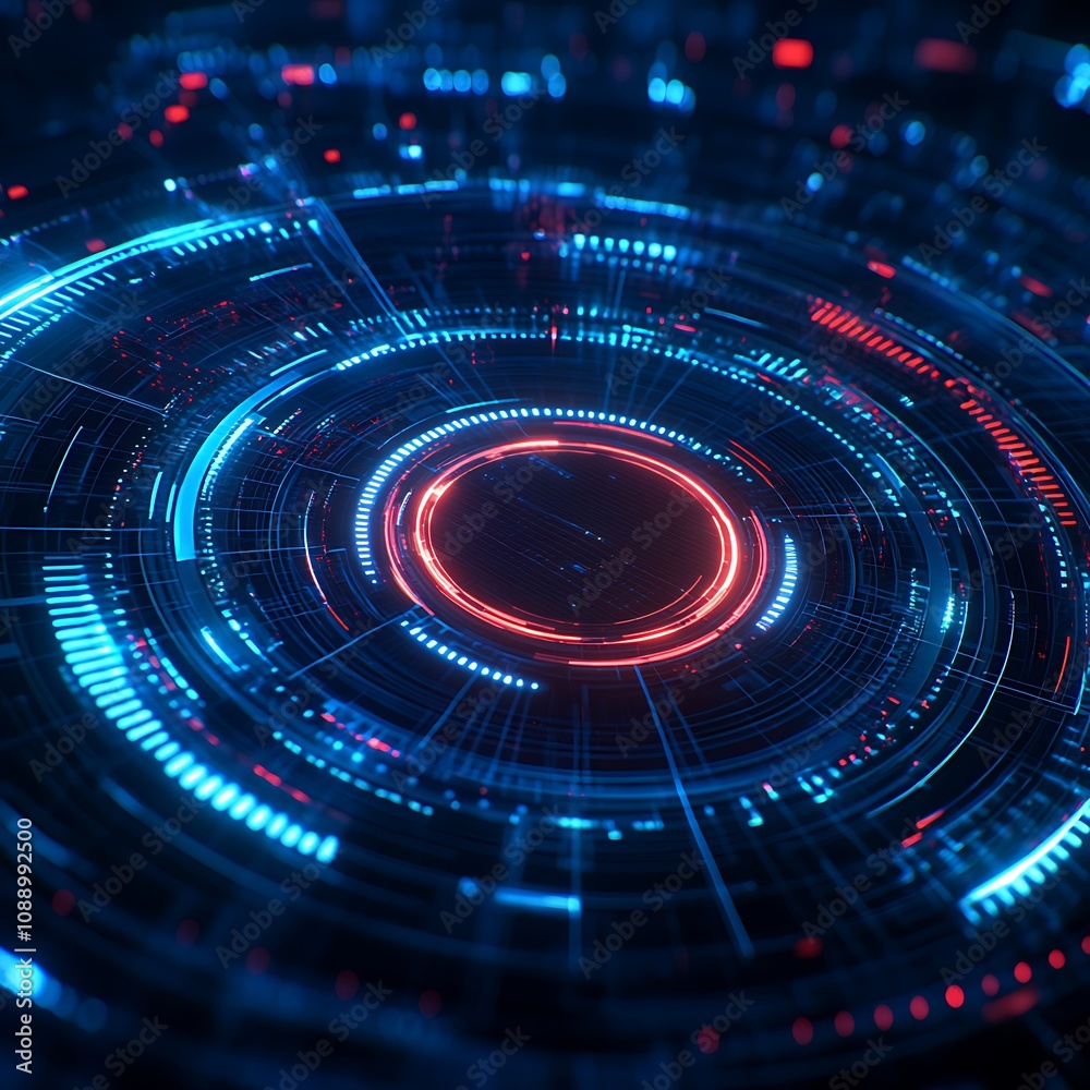 Digital Abstract Background with Glowing Circular Lines and Futuristic Elements in Blue and Red, Ideal for Technology and Sci-Fi Themes Digital Abstract Background with Glowing Circular Lines and Futuristic Elements in Blue and Red, Ideal for Technology and Sci-Fi Themes