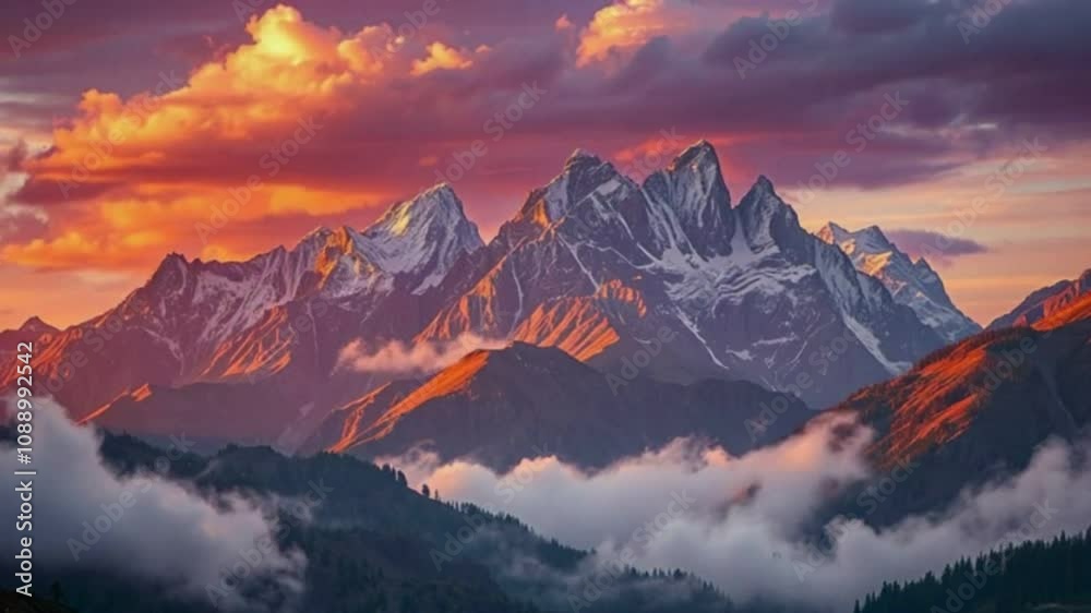 A breathtaking time-lapse of clouds rolling over majestic mountains at sunrise, capturing the serene beauty of nature’s transformation.