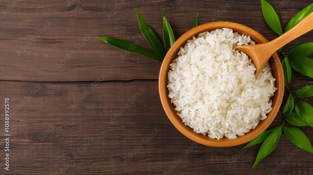 A wooden bowl filled with white rice surrounded by vibrant green leaves on a wooden surface, top view, copy space A wooden bowl filled with white rice surrounded by vibrant green leaves on a wooden surface, top view, copy space