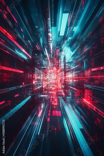 Dynamic Abstract Digital Space with Glowing Neon Lines Creating a Futuristic Aesthetic and Visual Energy in Red and Blue Tones for Innovative Conceptual Imagery