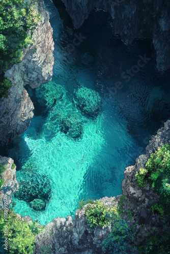 Top dow view from a cliff, overlooking crystal-clear turquoise waters with coral reefs in them.  photo