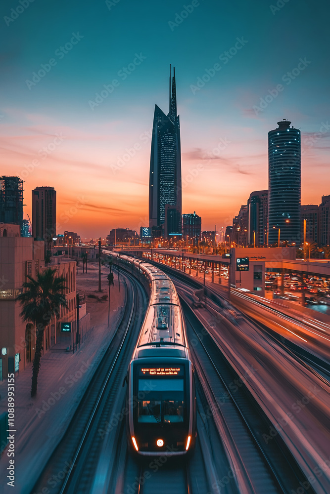 Fototapeta premium an elegant high-speed train rushes through a bright night city of high-rises and lights, a train in motion in a modern design surrounded by dynamic elements, a blurred cityscape and effects conveying