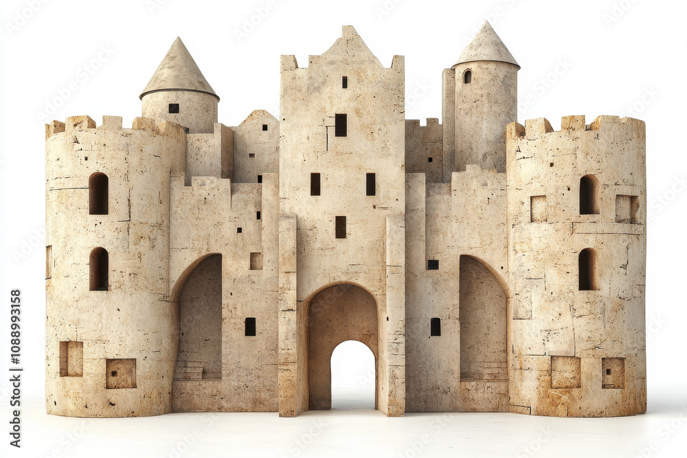 House. A detailed model of a medieval castle featuring towers, walls, and an archway, showcasing a weathered stone appearance.