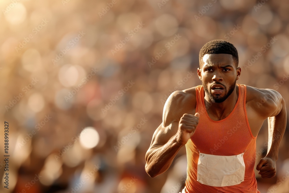 Determined Male Sprinter in Action as He Competes in a Dynamic Track Race Surrounded by a Crowded Stadium Filled with Enthusiastic Fans Celebrating Athletic Excellence Determined Male Sprinter in Action as He Competes in a Dynamic Track Race Surrounded by a Crowded Stadium Filled with Enthusiastic Fans Celebrating Athletic Excellence