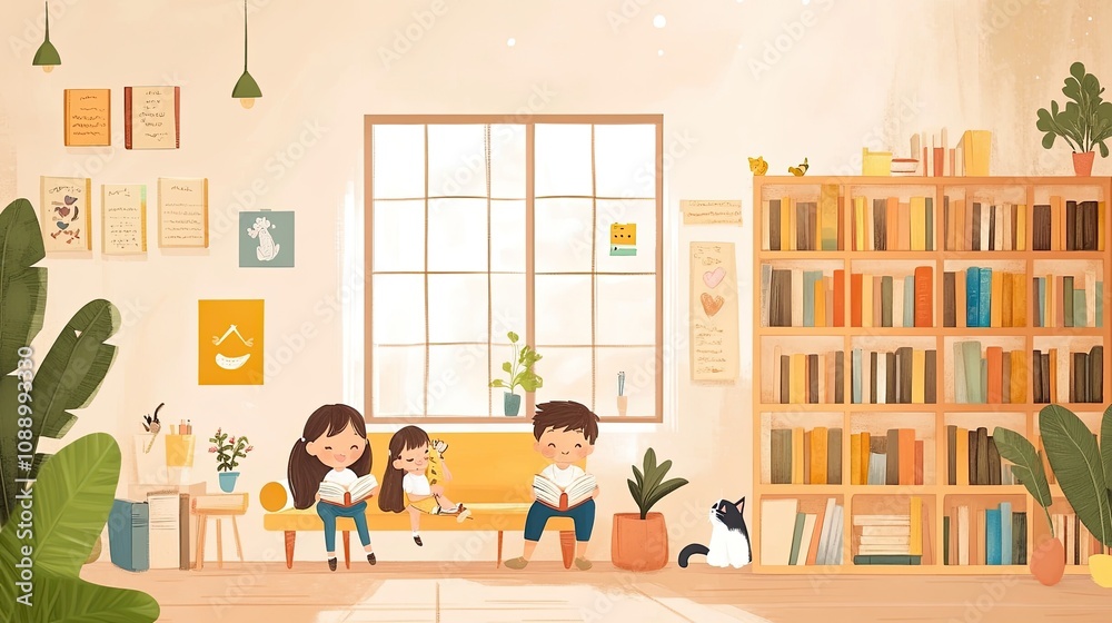 Children Reading Books in a Cozy Library Room