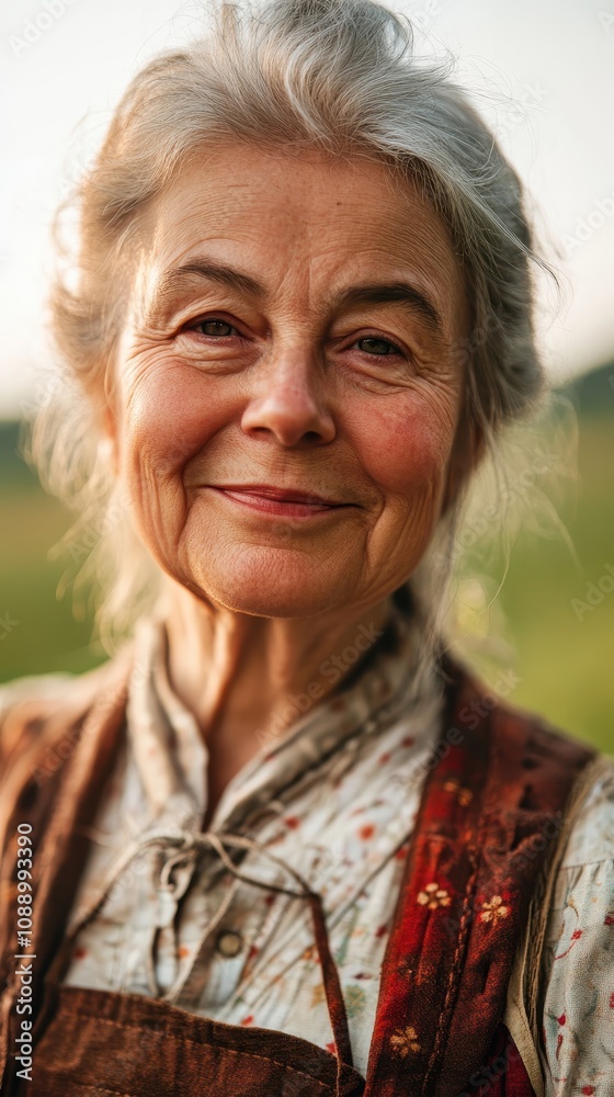 A smiling elderly Austrian woman in a dirndl shines in soft sunlight A smiling elderly Austrian woman in a dirndl shines in soft sunlight
