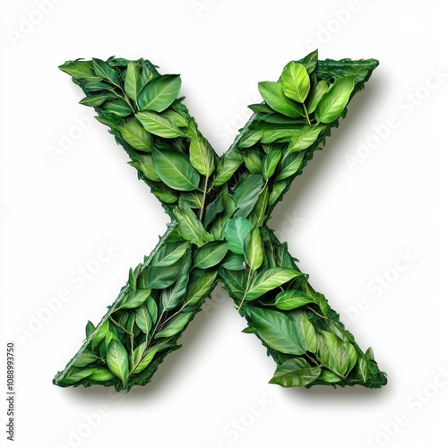 A large letter "X" made of vibrant green leaves, symbolizing nature and growth.