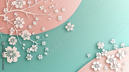 abstract background made from paper cut. Copy space over paper. paper layer shape are sakura blossom, sakura tree, in sukura blooming season concept high detail. photo