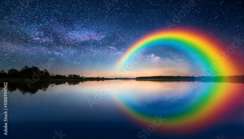 vibrant rainbow arching over a reflective water surface against a starry night sky panorama with copy space