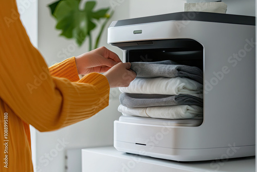 Robot helping a person fold laundry in a minimalist home photo