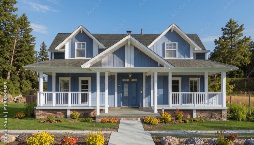A beautiful two-story blue country house with a wraparound porch, lush green lawn, and tall trees creating a peaceful atmosphere. AI generated.
A beautiful two-story blue country house with a wraparound porch, lush green lawn, and tall trees creating a peaceful atmosphere. AI generated.