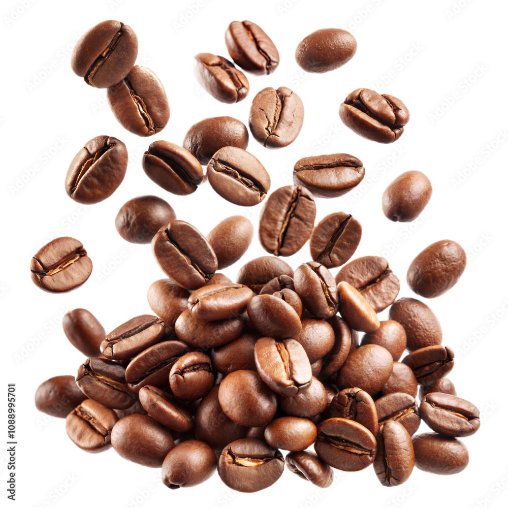 Falling Coffee Beans, A Dynamic Cascade of Rich, Aromatic Roasted Coffee Beans Falling Coffee Beans, A Dynamic Cascade of Rich, Aromatic Roasted Coffee Beans