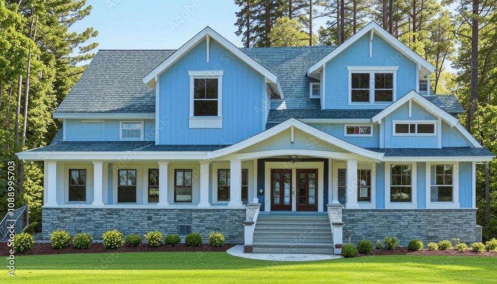 A beautiful two-story blue country house with a wraparound porch, lush green lawn, and tall trees creating a peaceful atmosphere. AI generated.
A beautiful two-story blue country house with a wraparound porch, lush green lawn, and tall trees creating a peaceful atmosphere. AI generated.