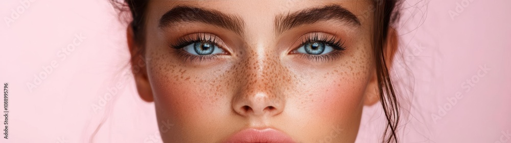 Fototapeta premium Close-up portrait of a woman with freckles and blue eyes