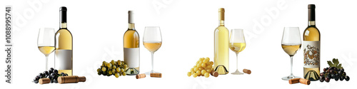 A selection of white wine bottles and glasses accompanied by grapes and corks, showcasing elegant wine presentation.