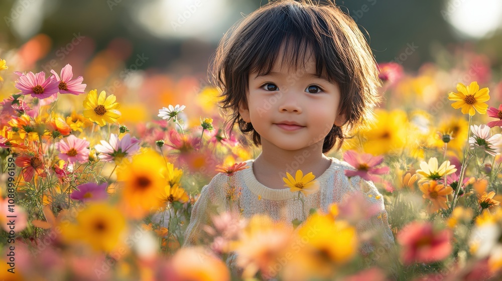 Child in flower field, surrounded by colorful blooms, smiling, natural light, close-up, innocence, happy expression, outdoor setting, nature, summer day, floral beauty Child in flower field, surrounded by colorful blooms, smiling, natural light, close-up, innocence, happy expression, outdoor setting, nature, summer day, floral beauty