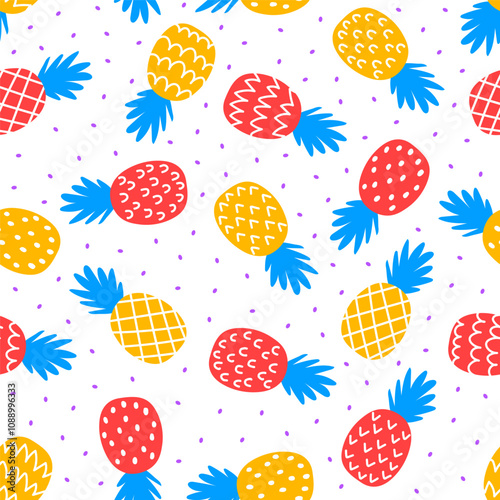 Seamless pattern with colorful pineapples and dots