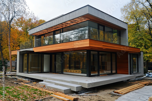 Construction of a modern home with visible wooden framework photo