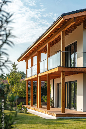 Construction of a modern home with visible wooden framework photo