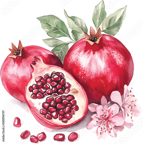 Watercolor pomegranate fruit set whole and half and flowers, leaves. Watercolor hand drawn vector illustration isolated on white background