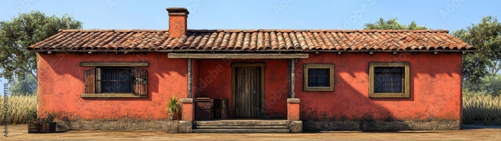 Rustic adobe house with tiled roof and porch Rustic adobe house with tiled roof and porch