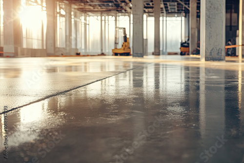 Concrete being smoothed on a newly poured floor in a building