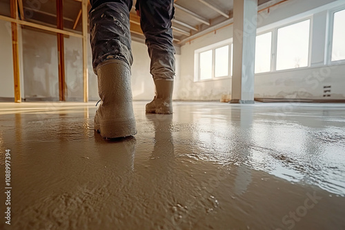 Concrete being smoothed on a newly poured floor in a building photo