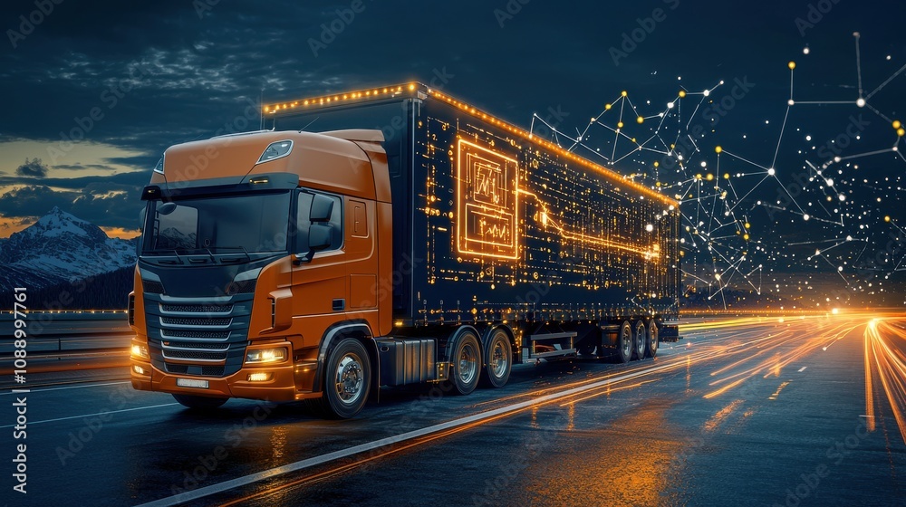 Naklejka premium Revolutionizing logistics iot-enabled trucks transmitting real-time blockchain standards for enhanced transparency and efficiency