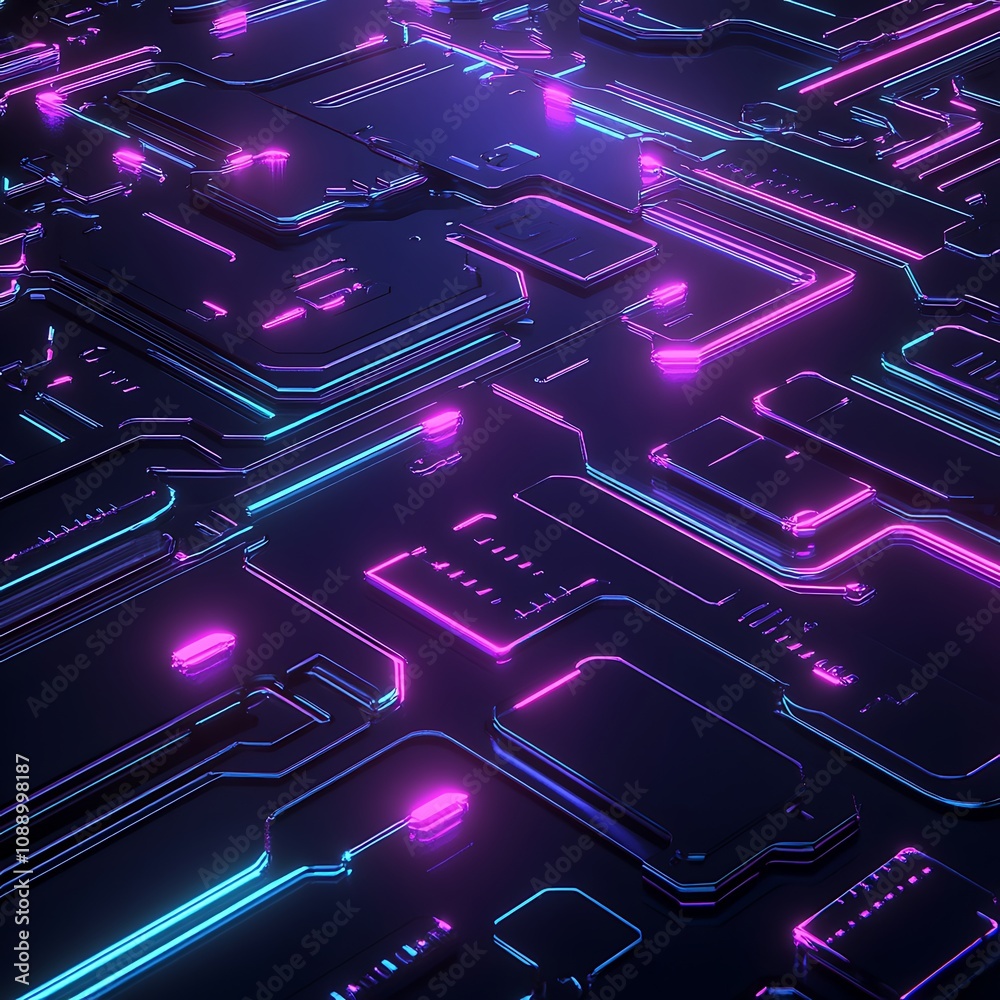 Futuristic Abstract Digital Circuit Board with Neon Glow in Vibrant Colors Representing Technology and Modern Innovation in a High-Tech Environment Futuristic Abstract Digital Circuit Board with Neon Glow in Vibrant Colors Representing Technology and Modern Innovation in a High-Tech Environment
