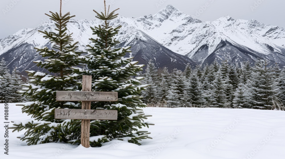 Winter wonderland with snow-covered evergreens and mountains. Winter wonderland with snow-covered evergreens and mountains.
