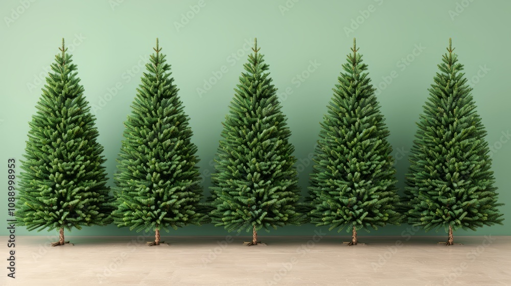 Five lush green Christmas trees stand in a row against a pale green wall. Five lush green Christmas trees stand in a row against a pale green wall.