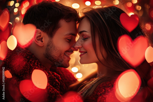 Romantic couple embracing surrounded by heart-shaped lights, creating a dreamy and warm atmosphere.