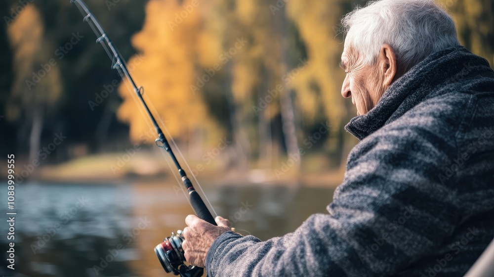 Retiree relaxes by the calm lake, holding fishing gear while surrounded by autumn colors Retiree relaxes by the calm lake, holding fishing gear while surrounded by autumn colors