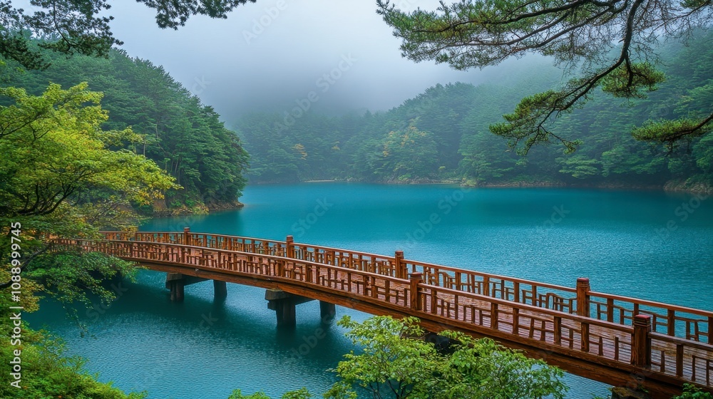 Serene Nature Scene Featuring a Wooden Bridge Over Clear Blue Water Surrounded by Lush Green Trees and Misty Mountains in a Tranquil Landscape Serene Nature Scene Featuring a Wooden Bridge Over Clear Blue Water Surrounded by Lush Green Trees and Misty Mountains in a Tranquil Landscape
