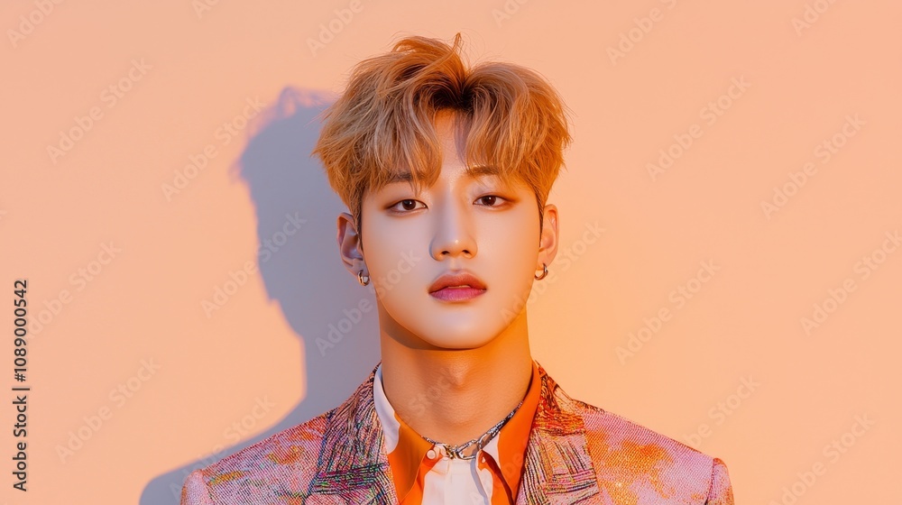 Captivating portrait of a young man in vibrant fashion against a soft orange background reflecting modern style and elegance Captivating portrait of a young man in vibrant fashion against a soft orange background reflecting modern style and elegance
