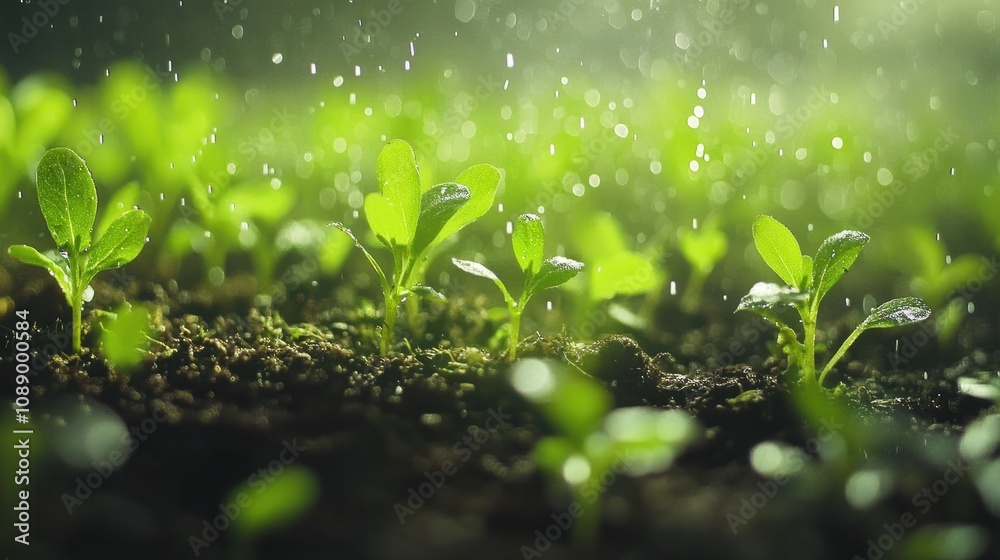 Close-up of fresh, moist soil with vibrant green seedlings sprouting, gently misted by droplets of water under soft natural light. Close-up of fresh, moist soil with vibrant green seedlings sprouting, gently misted by droplets of water under soft natural light.