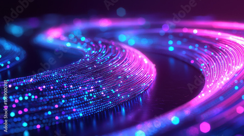Vibrant abstract tunnel with glowing metallic wires in purple and blue hues, creating mesmerizing visual effect. dynamic flow of light evokes sense of energy and movement