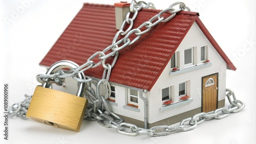 Model house wrapped in chains with a padlock, symbolizing security, protection, or restricted access. Represents home safety, mortgage debt, foreclosure, or secure property ownership.