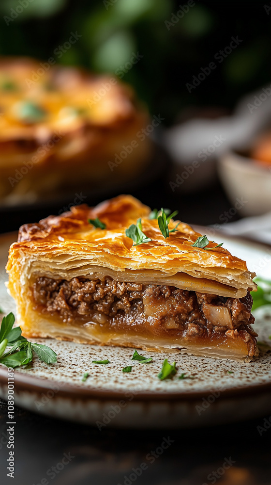 Slice of traditional tourtière with flaky crust and parsley garnish Slice of traditional tourtière with flaky crust and parsley garnish