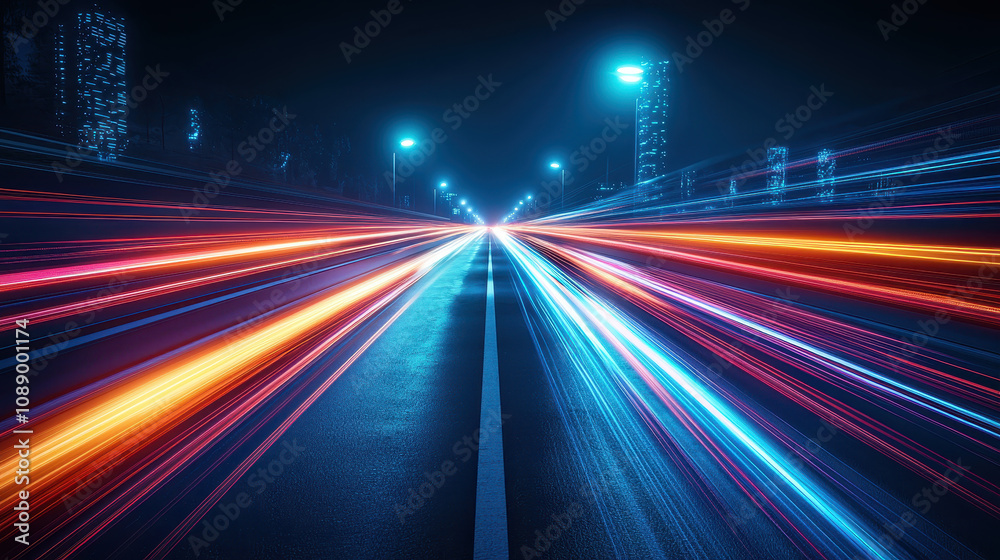 Obraz premium High speed light trails create vibrant neon streaks on dark road, showcasing motion and energy. scene captures essence of urban nightlife and dynamic movement