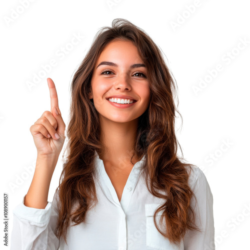 Young brunette smiling woman with long hair pointing finger up isolated over transparent background. PNG transparent.