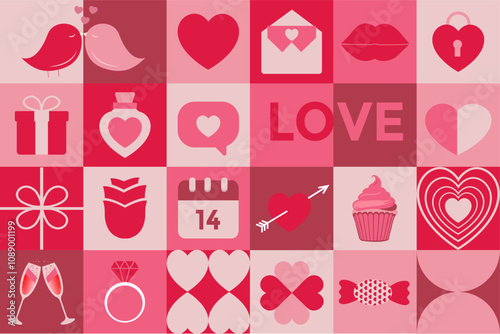 Valentine's day flyers, banners. Romantic love icons in simple geometric shapes, geometry minimalistic style for card, invitation, poster, flyer, web design